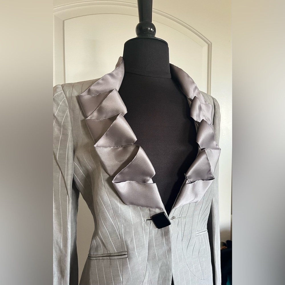 Vintage Emporio Armani Pinstripe Skirt Suit Set – Ruffle Trim IT 42/40 - Picture 5 of 11